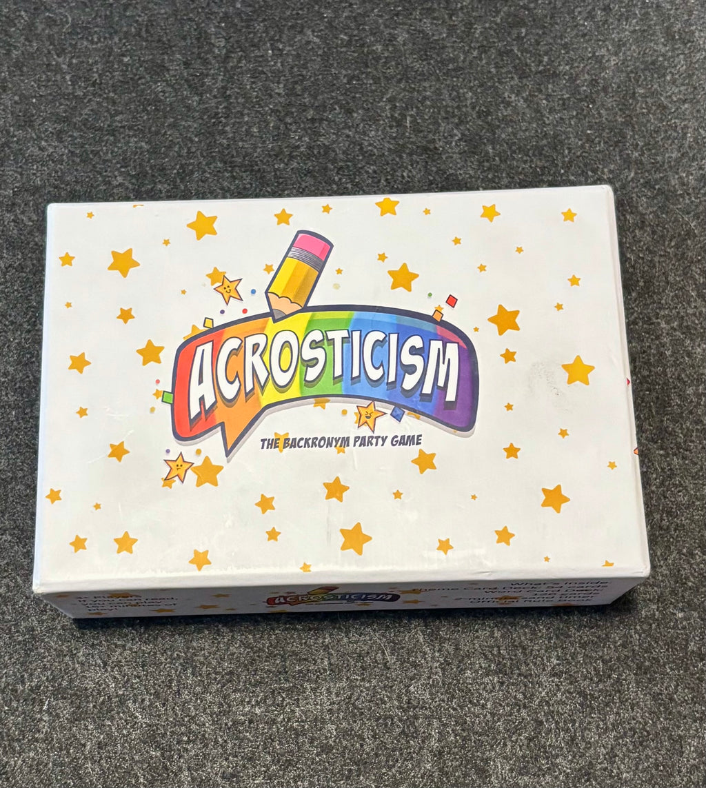 Acrosticism: The Backronym Party Game box with colorful rainbow logo and gold stars